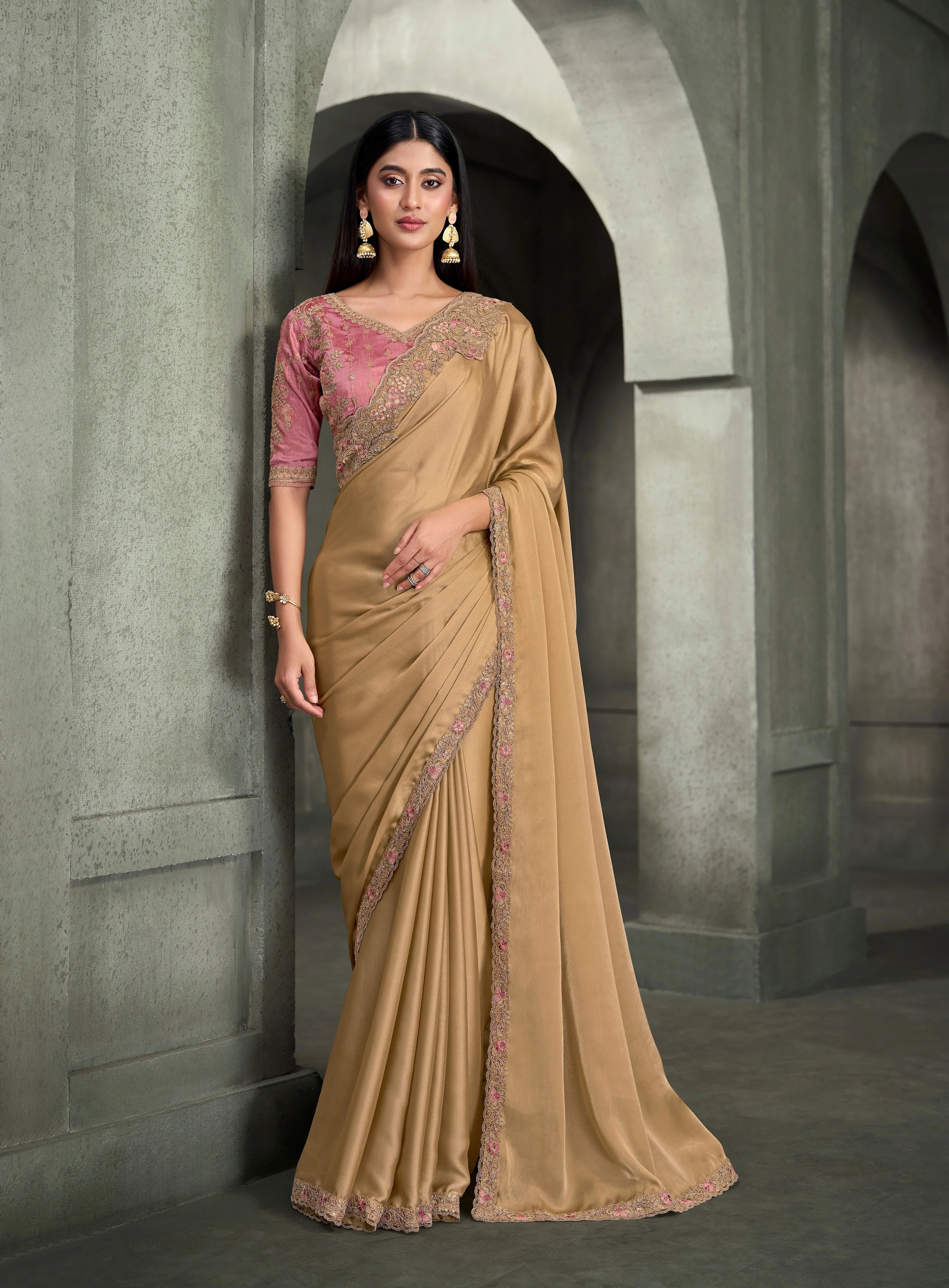 Satin Georgette Party Wear Cream With Heavy Work Sarees