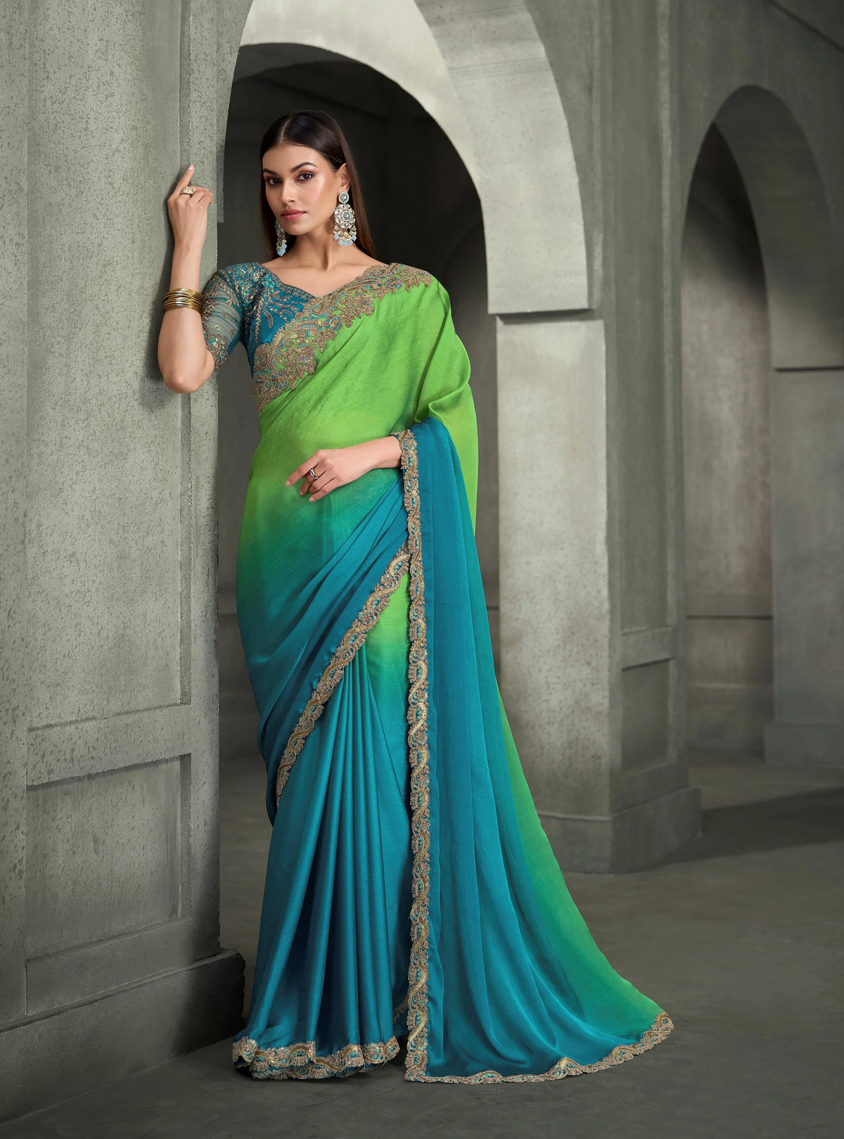 Satin Chiffon Party Wear Blue With Heavy Work Sarees