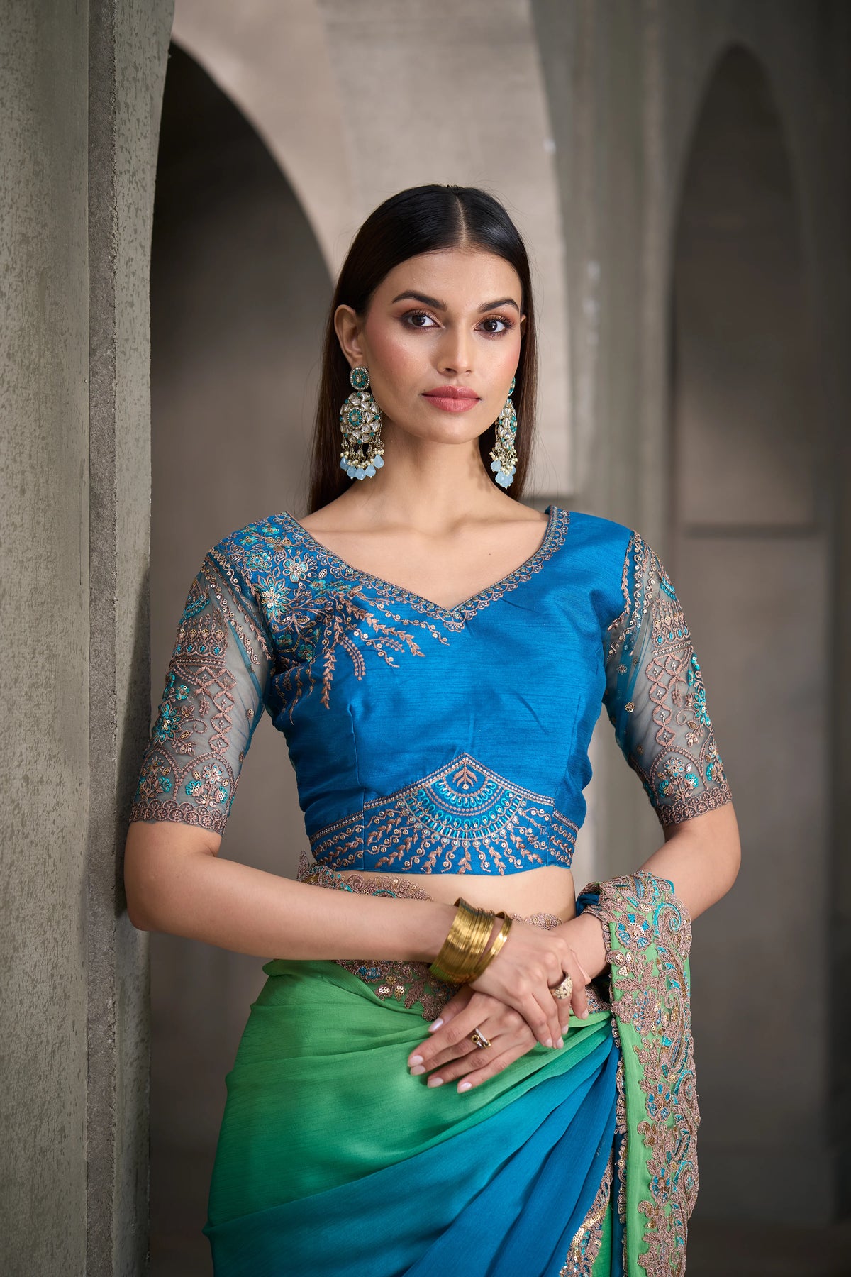 Satin Chiffon Party Wear Blue With Heavy Work Sarees