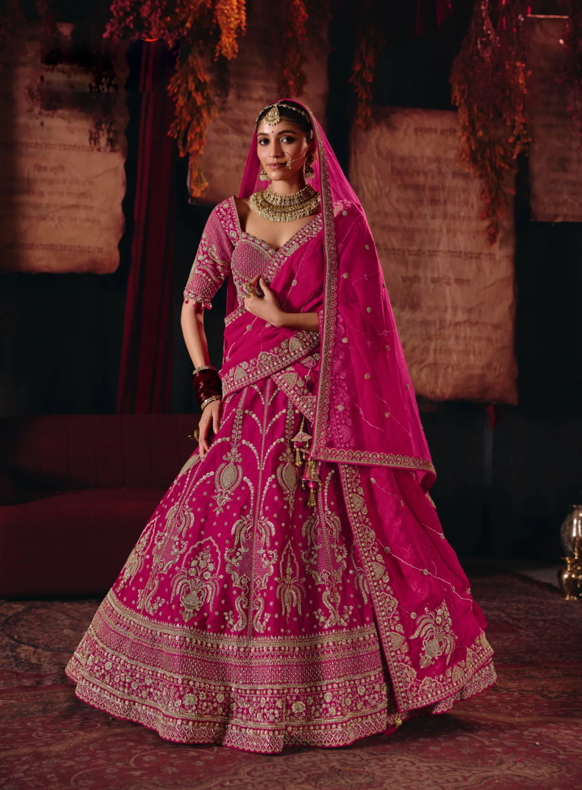Bridal Silk Wedding Wear Pink Heavy Work Lehengas