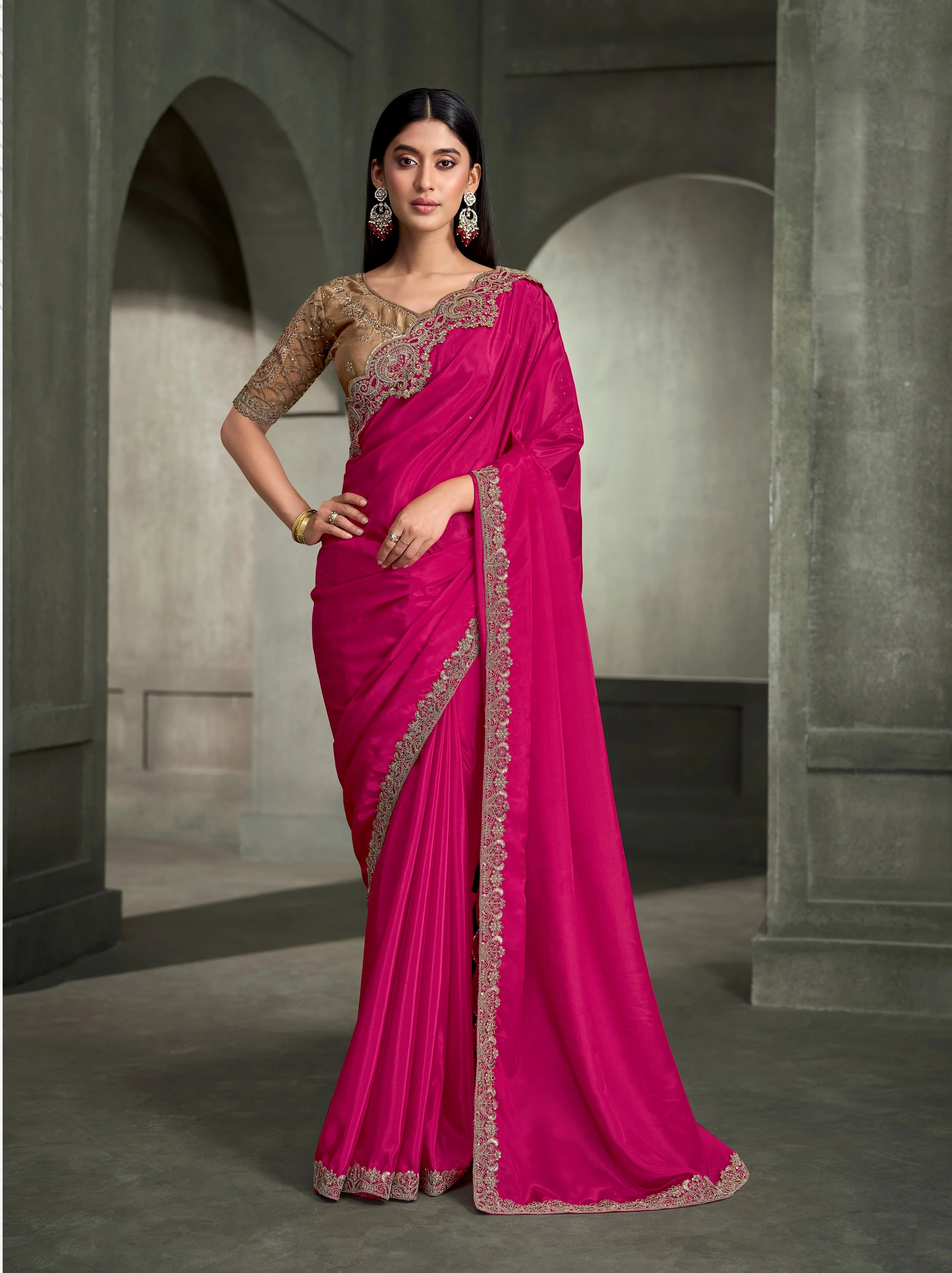 Crepe Silk Party Wear Pink With Heavy Work Sarees