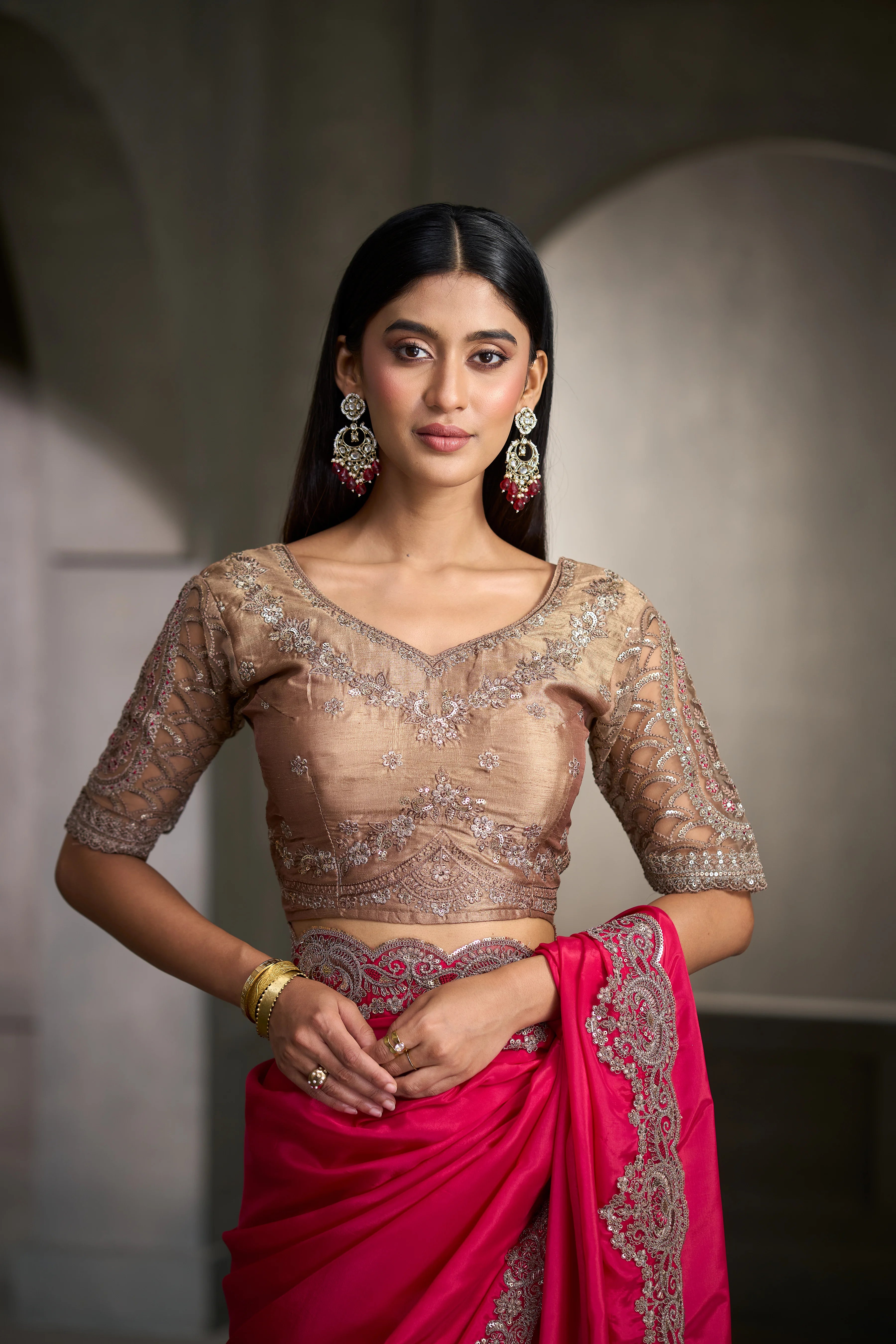 Crepe Silk Party Wear Pink With Heavy Work Sarees