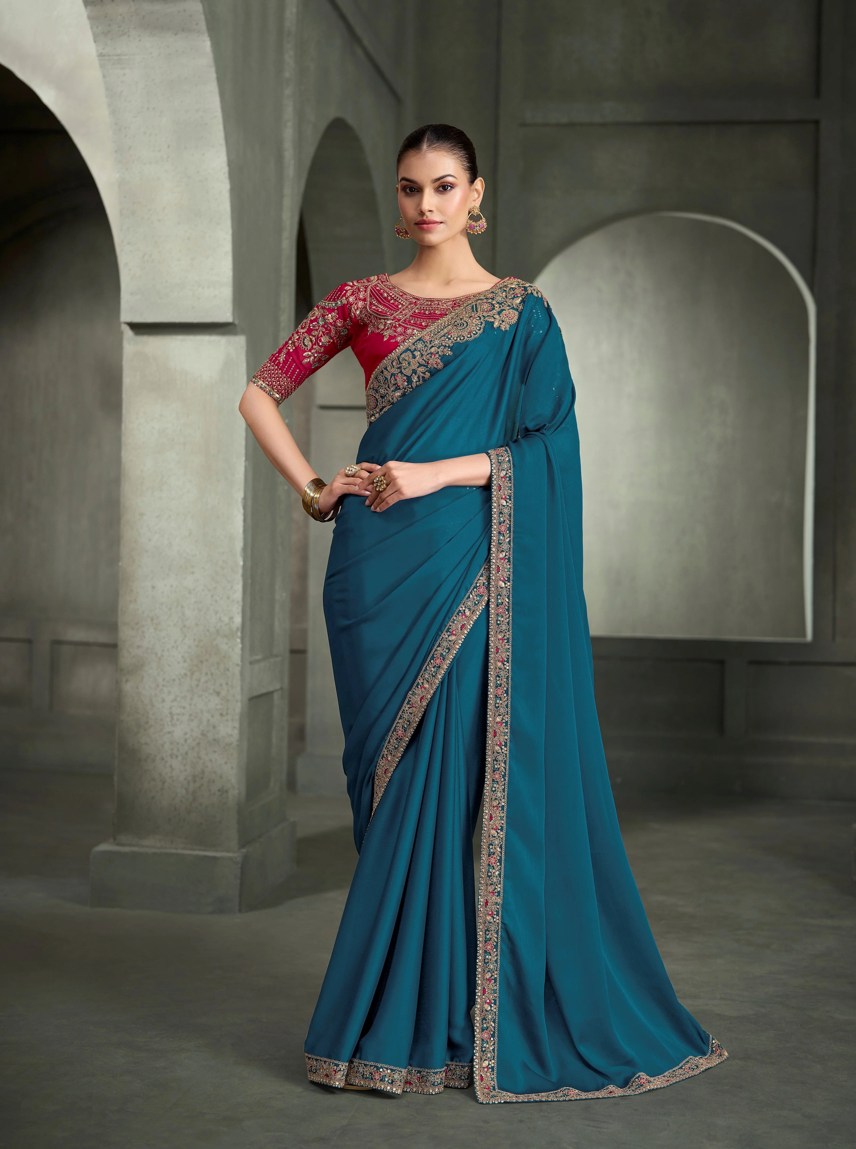 Crepe Silk Party Wear Blue With Heavy Work Sarees