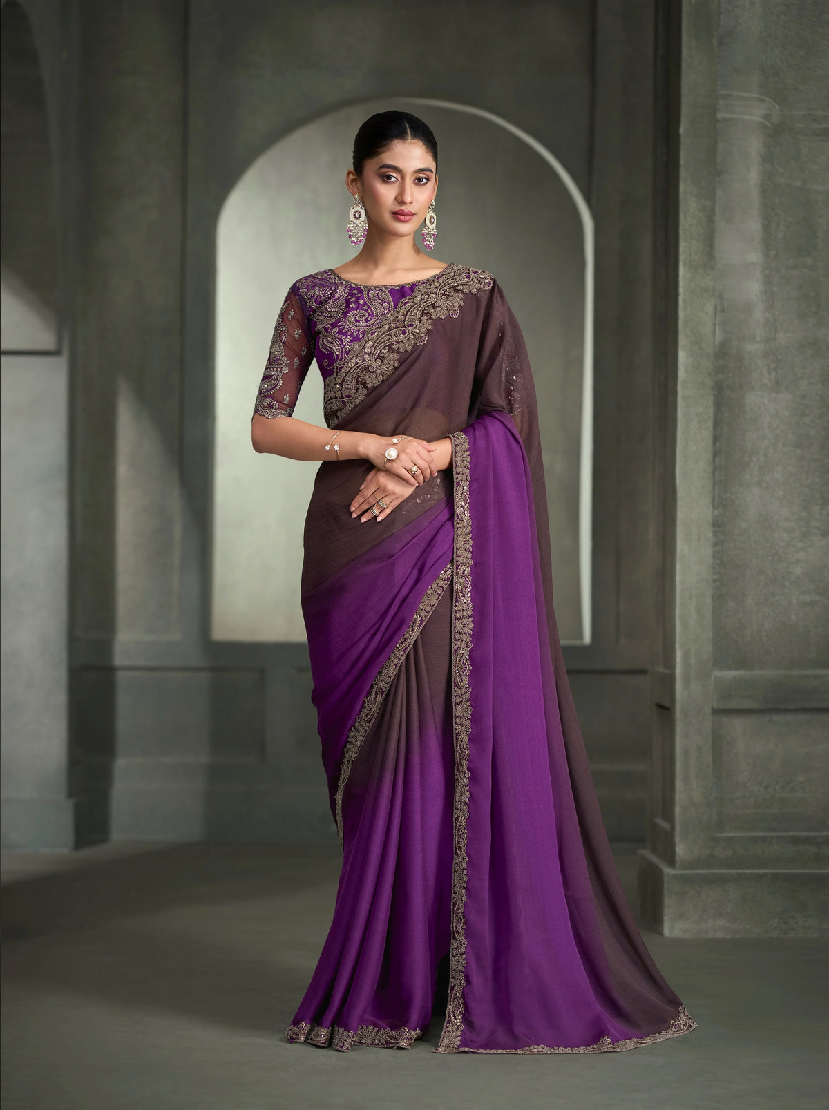 Chiffon Party Wear Purple With Heavy Work Sarees