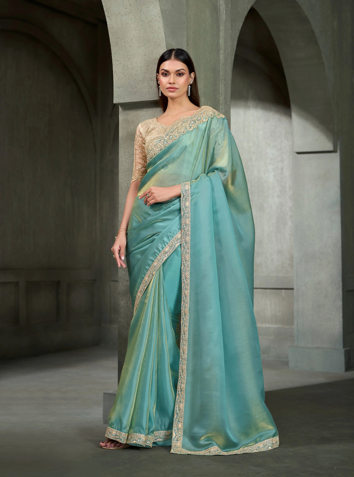 Tissue Silk Party Wear Blue With Heavy Work Sarees