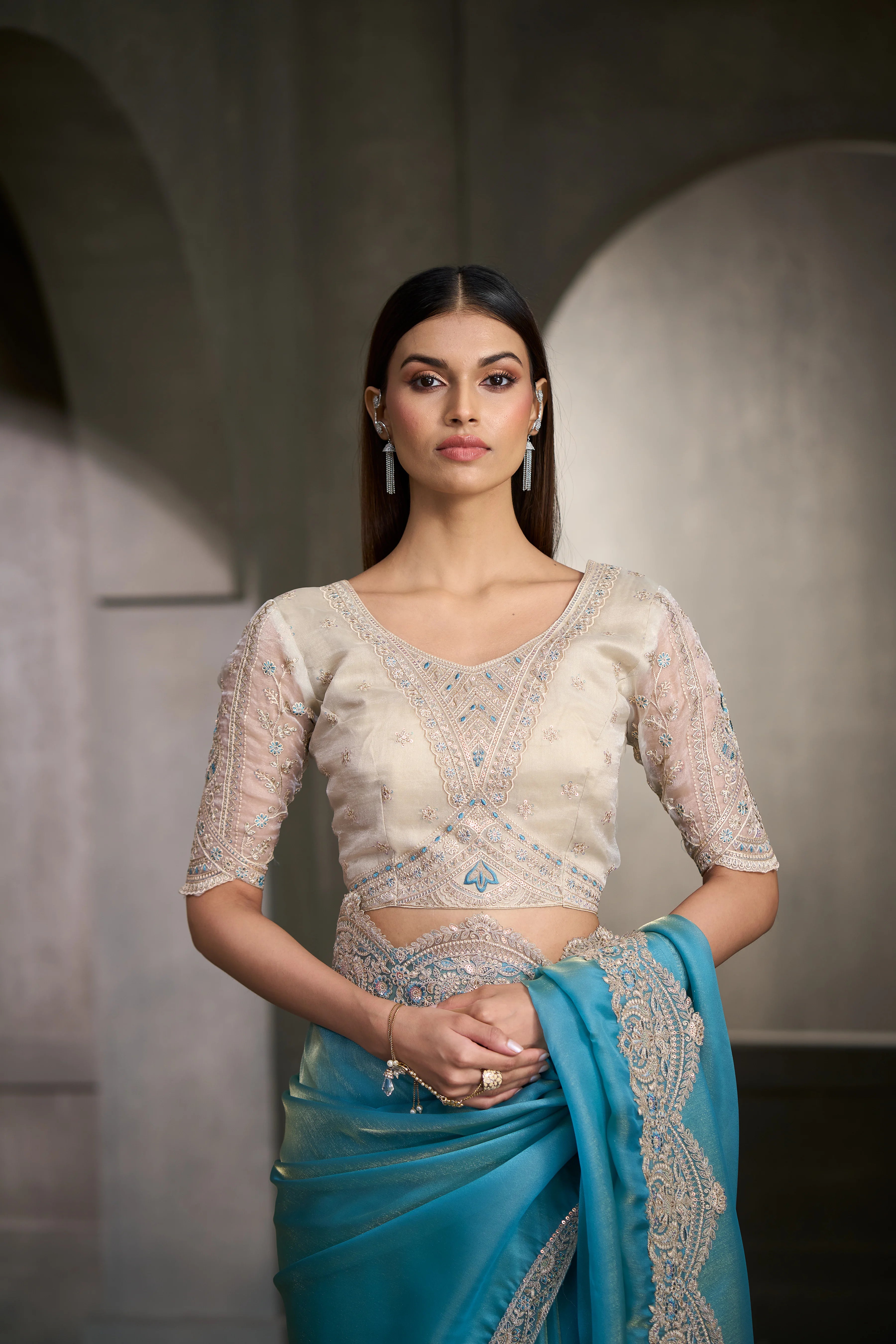 Tissue Silk Party Wear Blue With Heavy Work Sarees