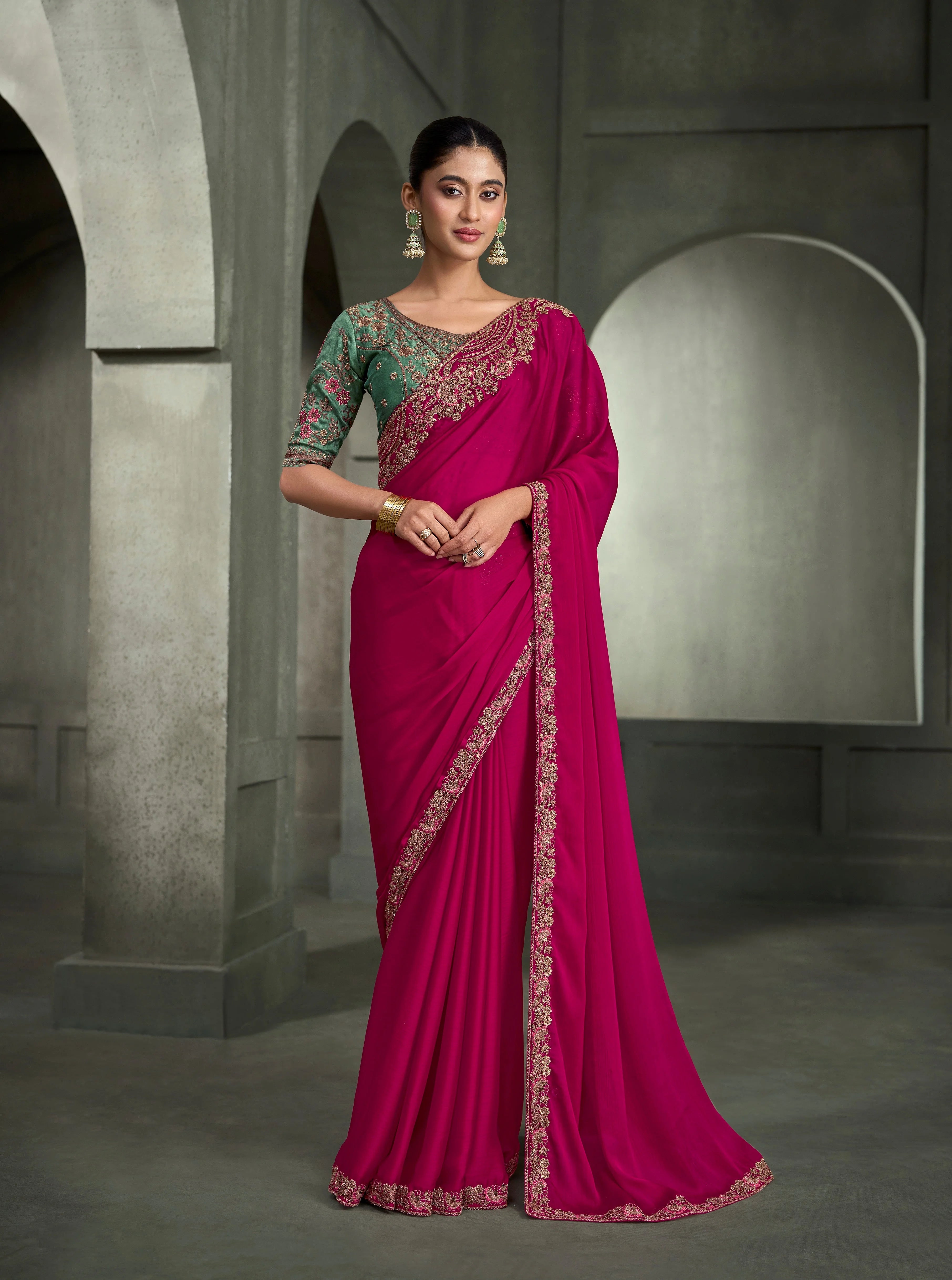Satin Chiffon Party Wear Pink With Heavy Work Sarees