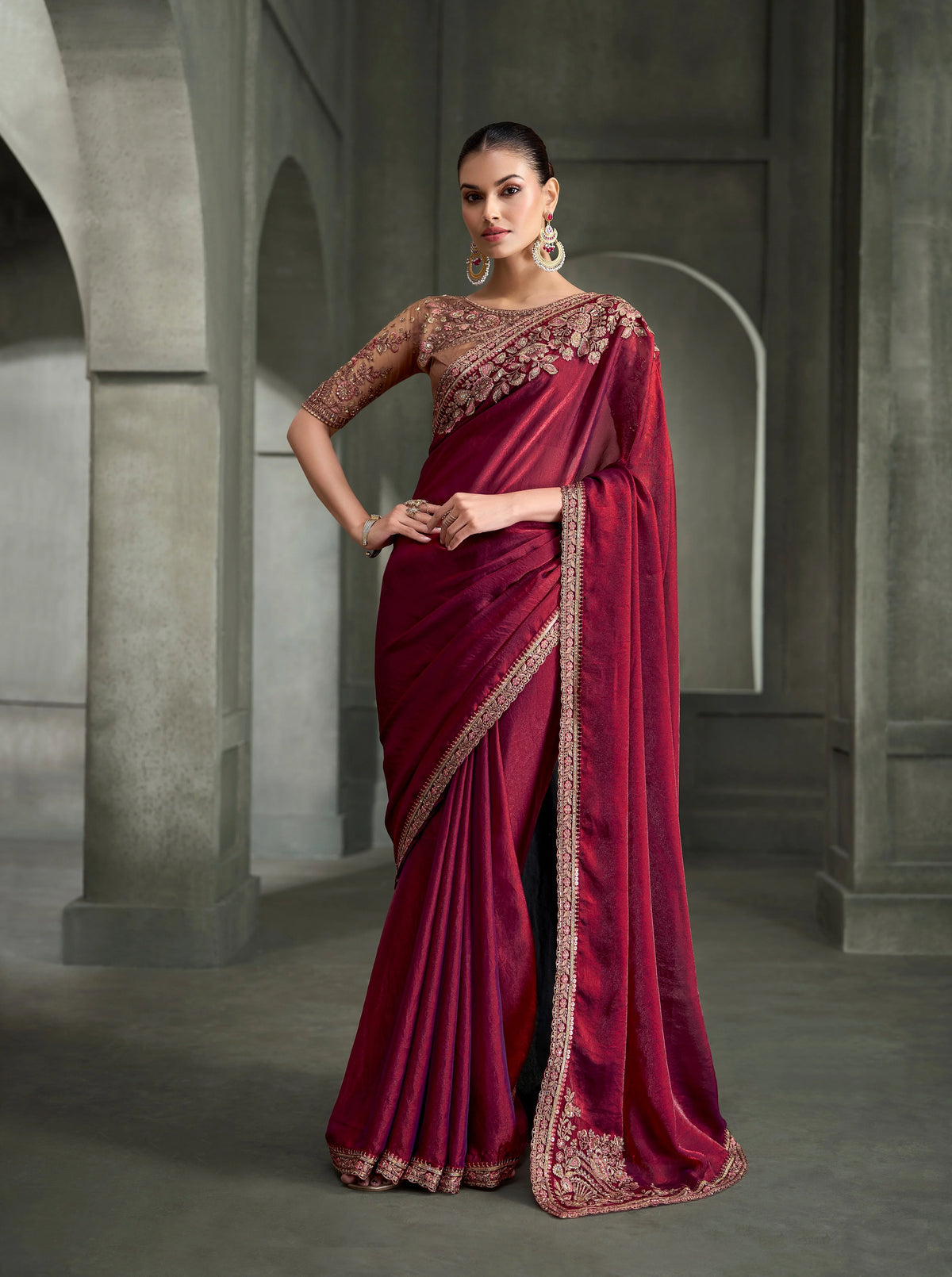 Tissue Satin Silk Party Wear Wine With Heavy Work Sarees