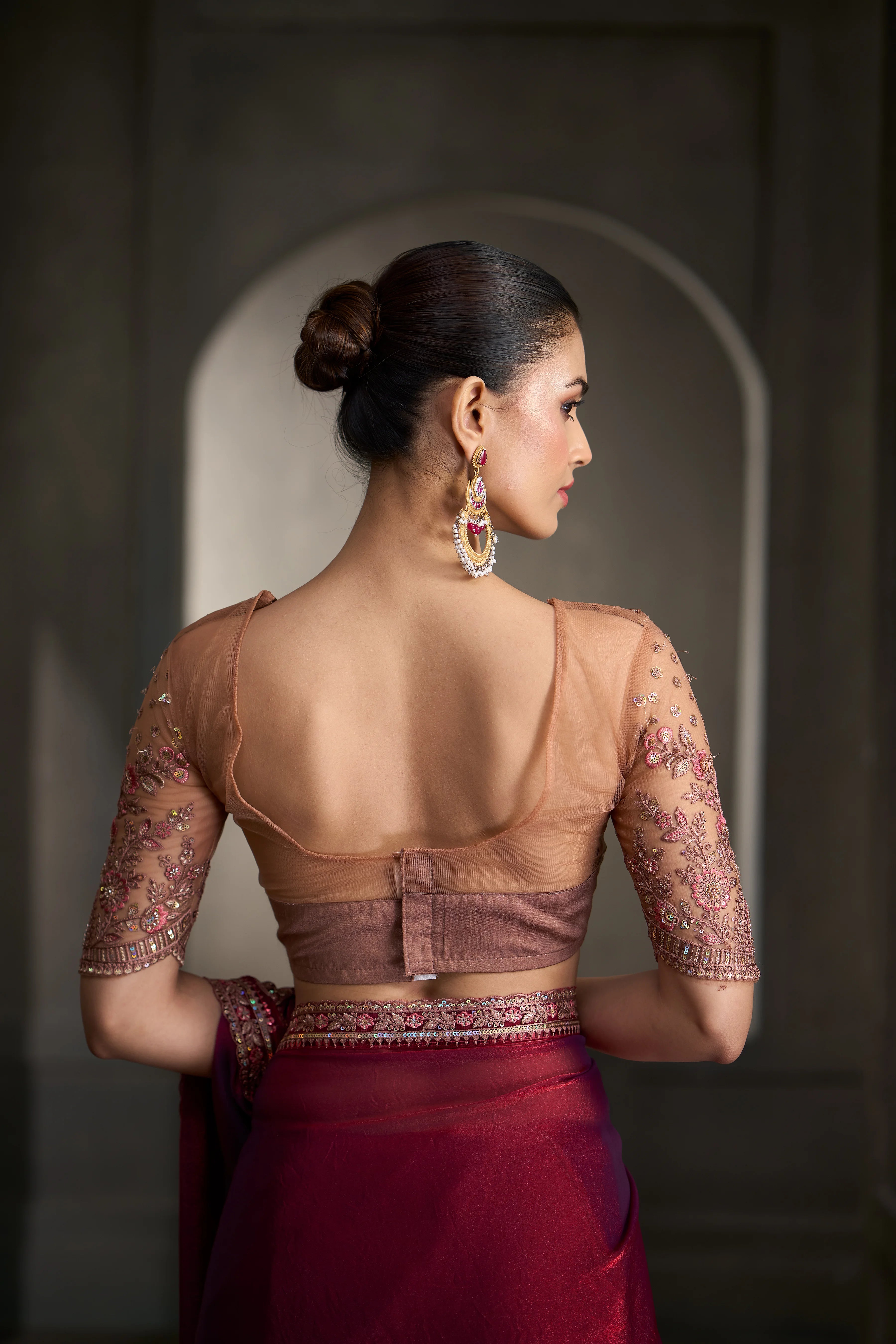 Tissue Satin Silk Party Wear Wine With Heavy Work Sarees