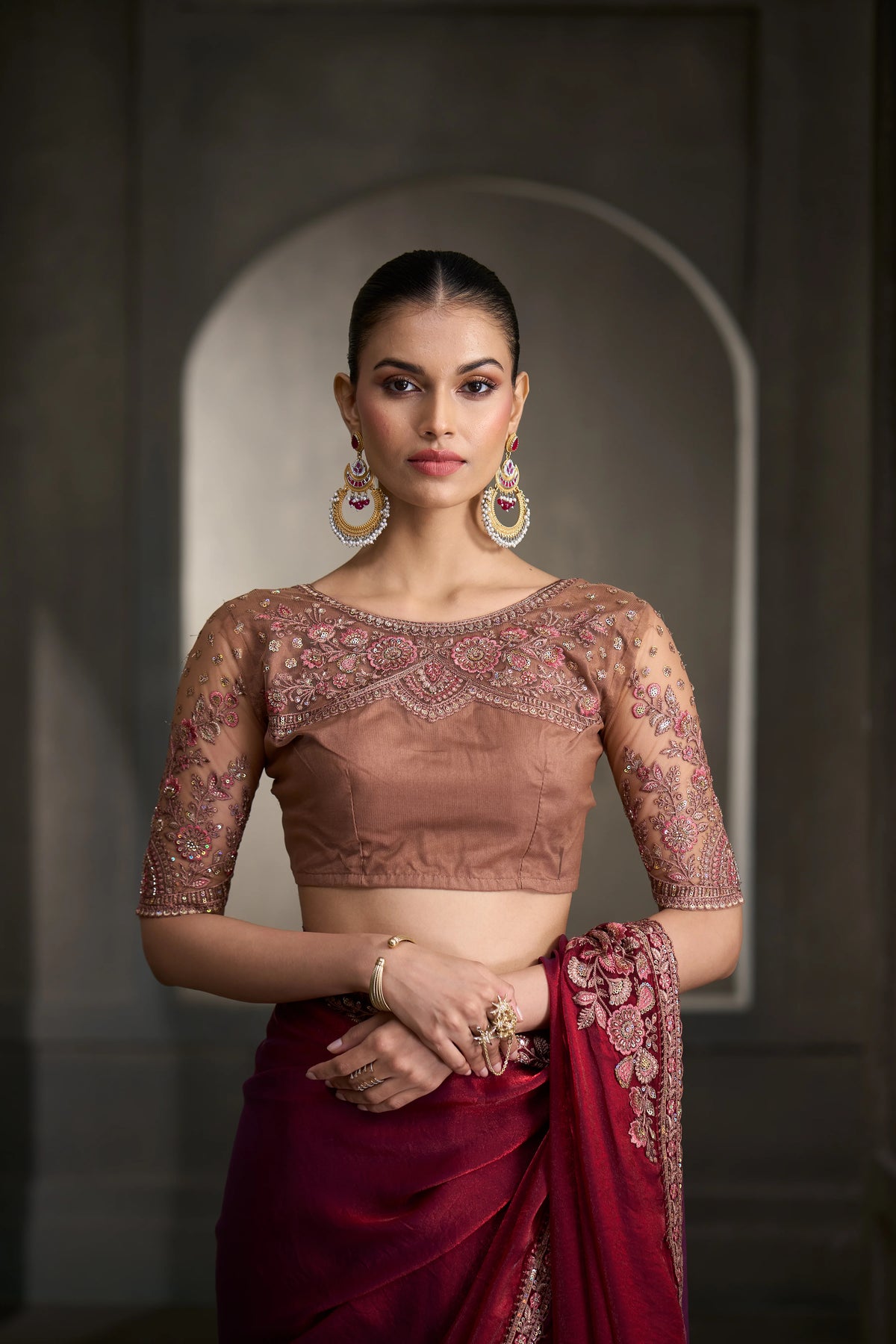 Tissue Satin Silk Party Wear Wine With Heavy Work Sarees