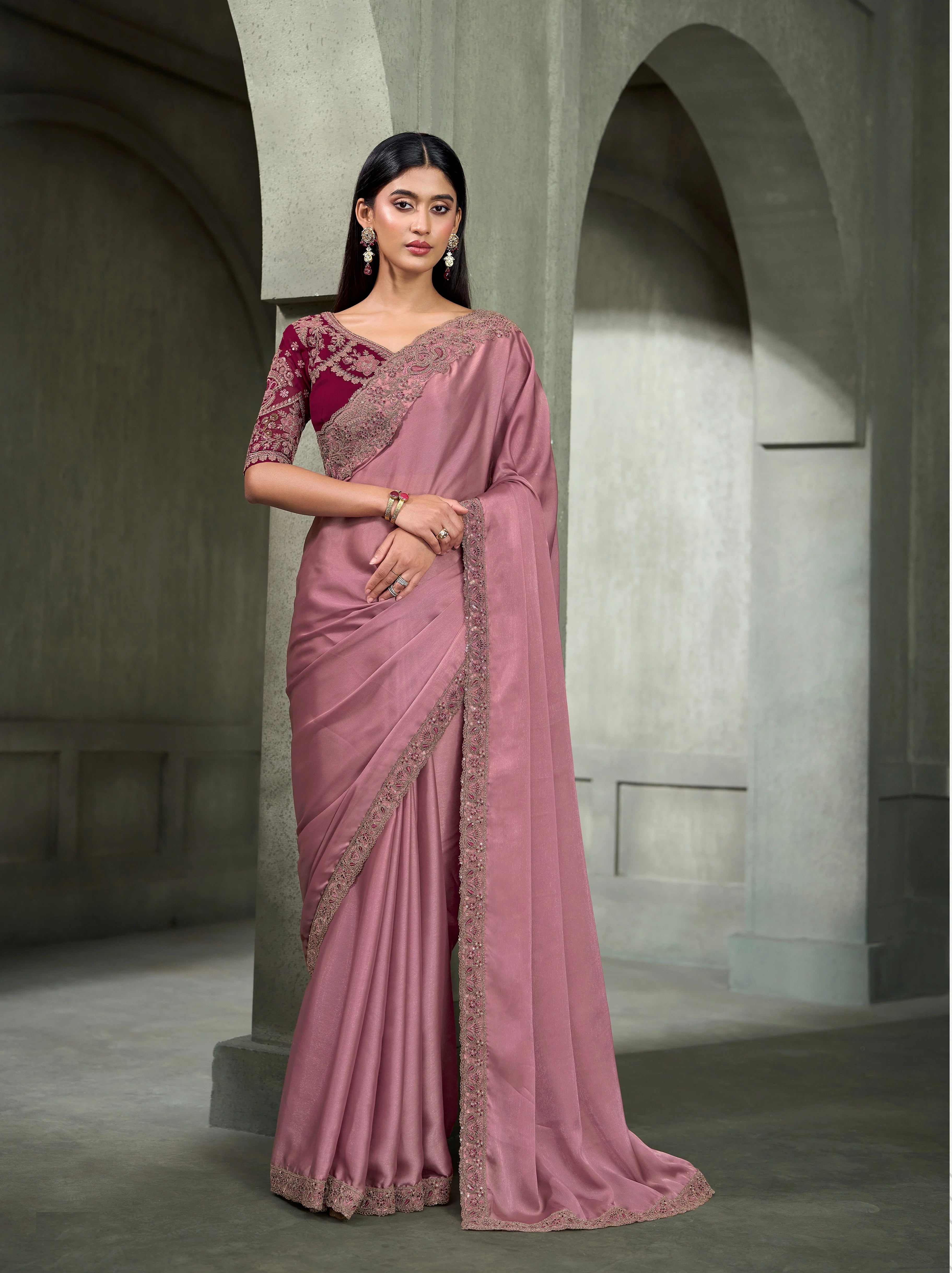 Satin Georgette Party Wear Wine With Heavy Work Sarees