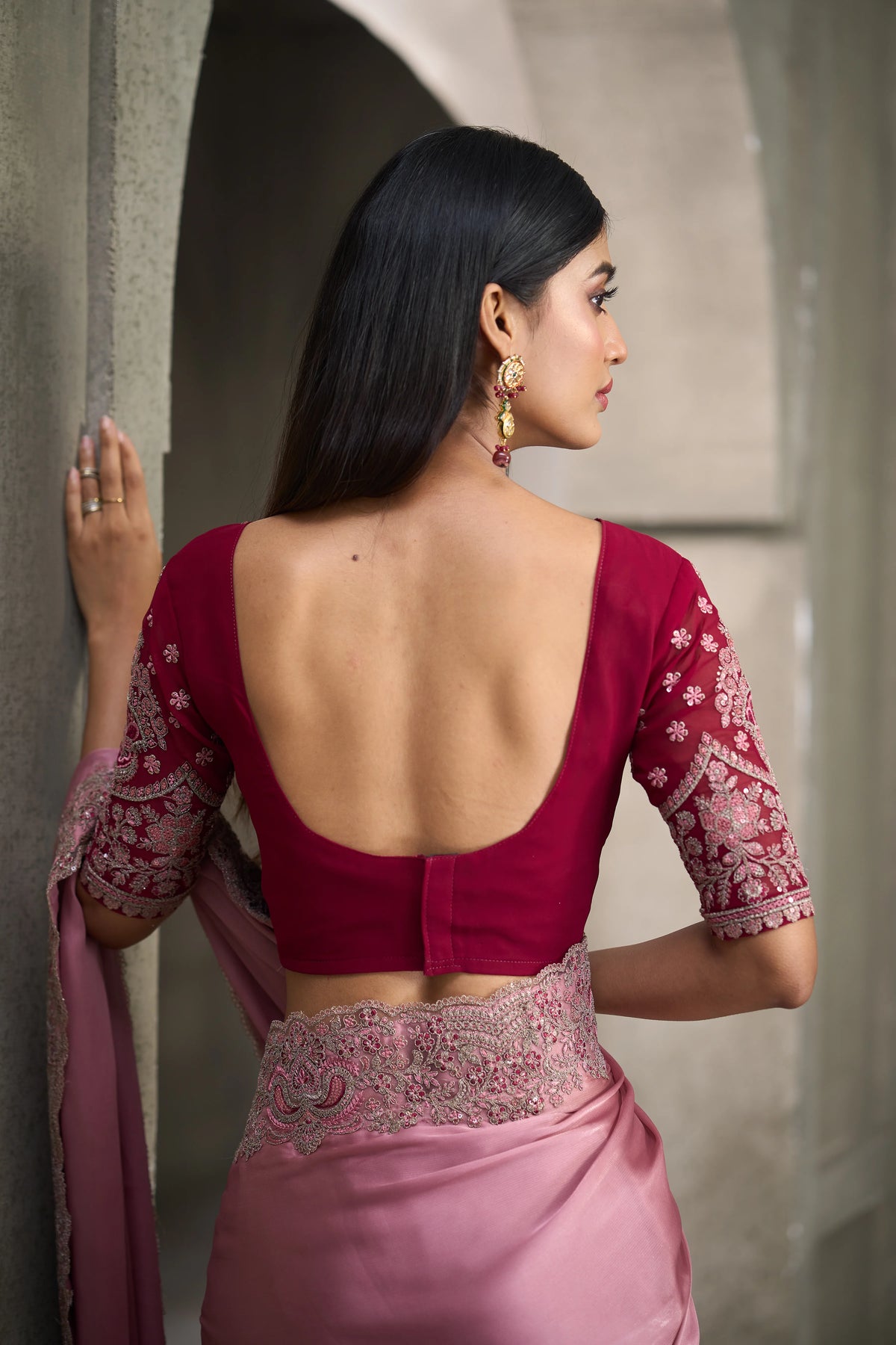Satin Georgette Party Wear Wine With Heavy Work Sarees