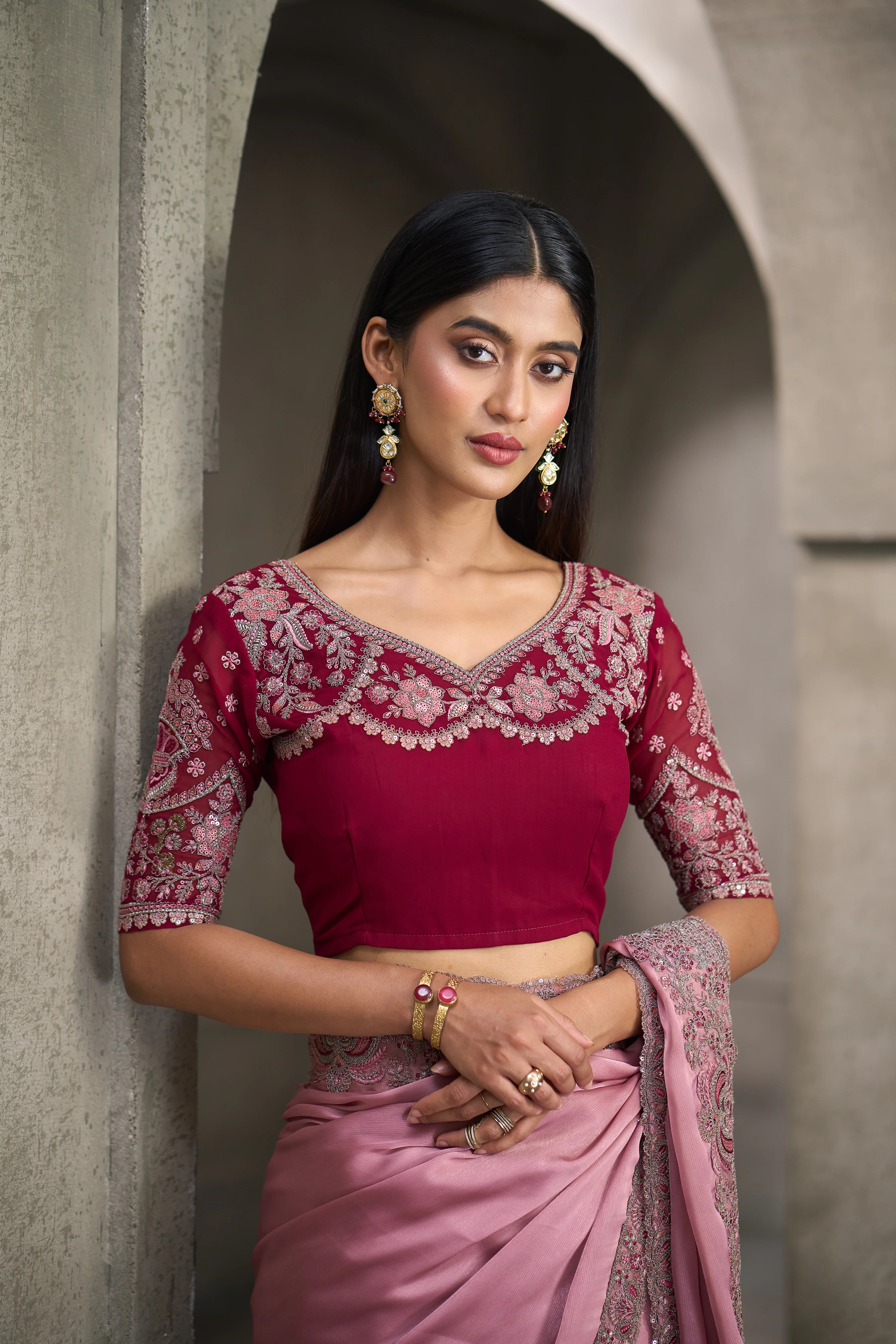 Satin Georgette Party Wear Wine With Heavy Work Sarees