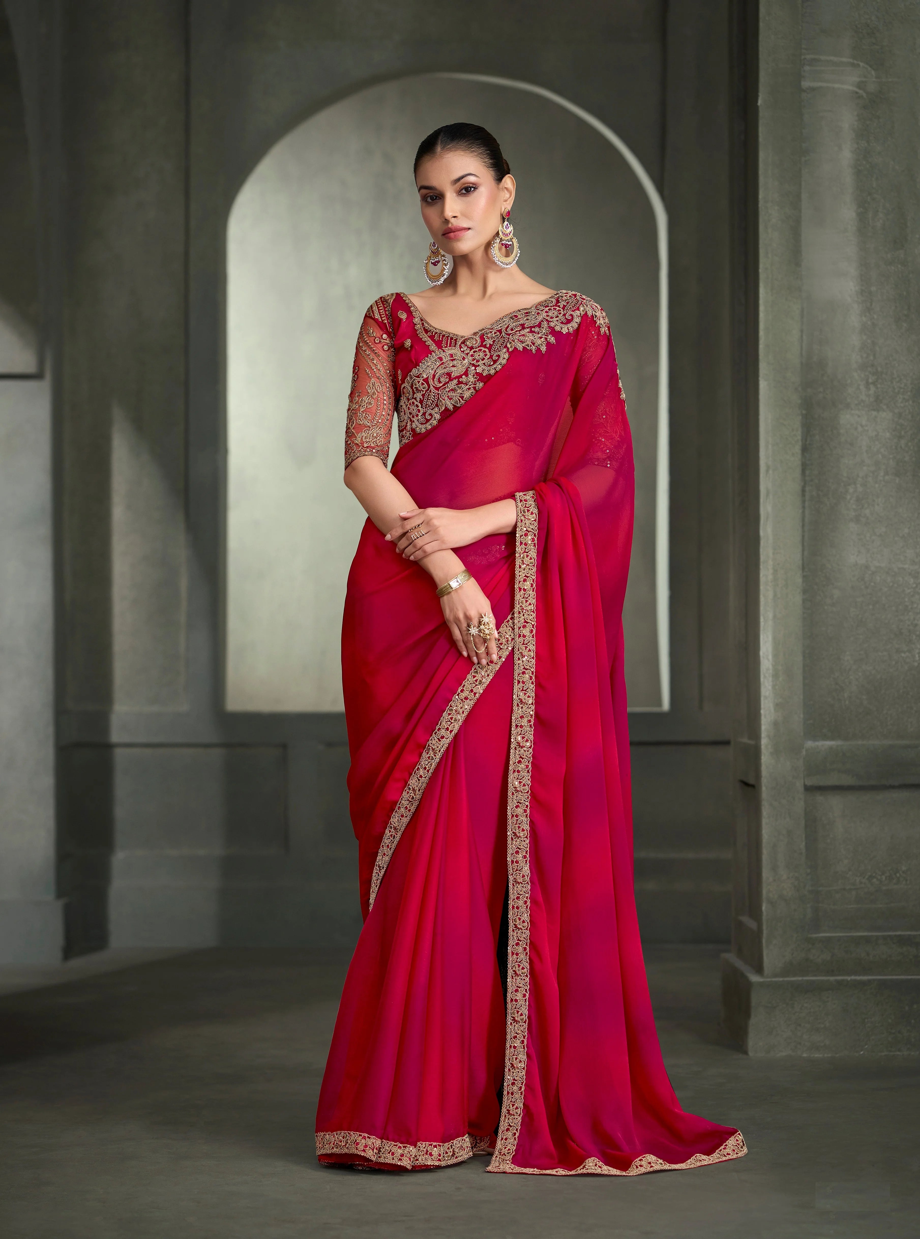 Chiffon Party Wear Red With Heavy Work Sarees