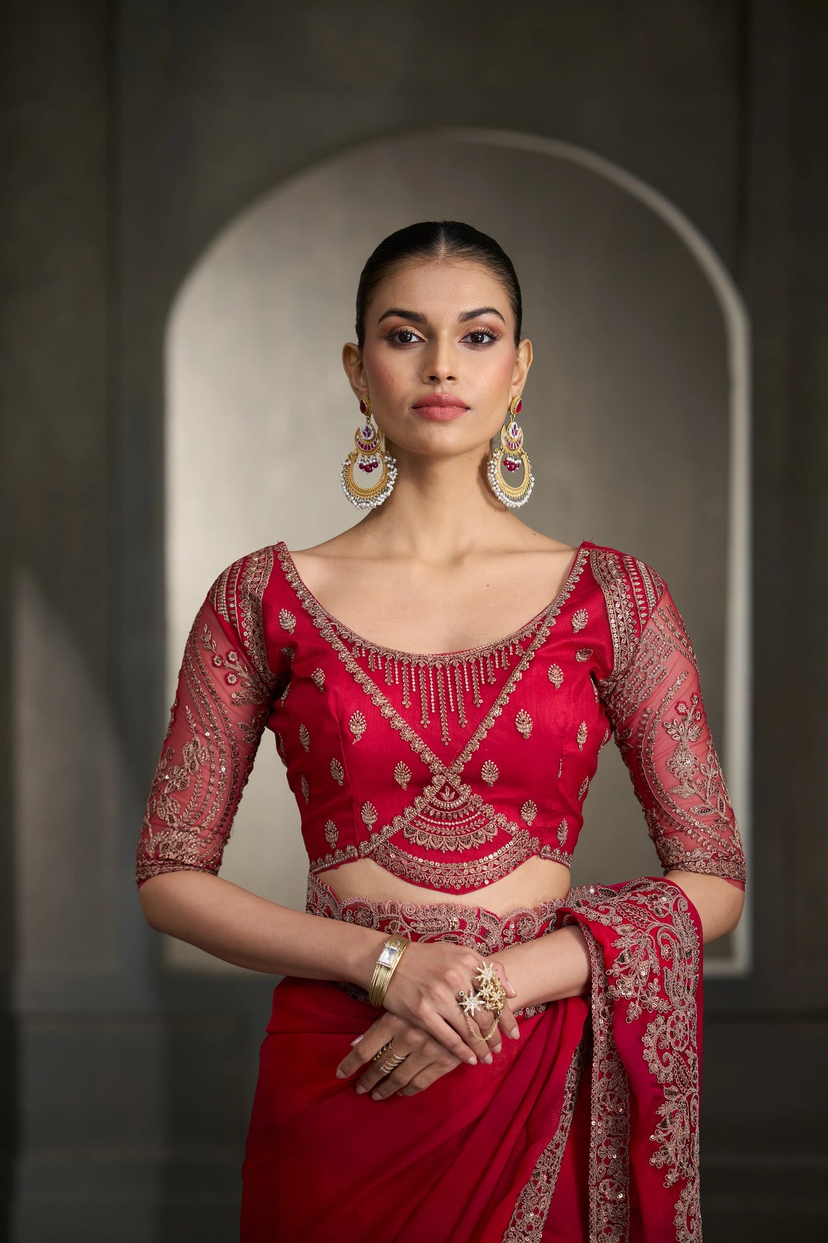 Chiffon Party Wear Red With Heavy Work Sarees
