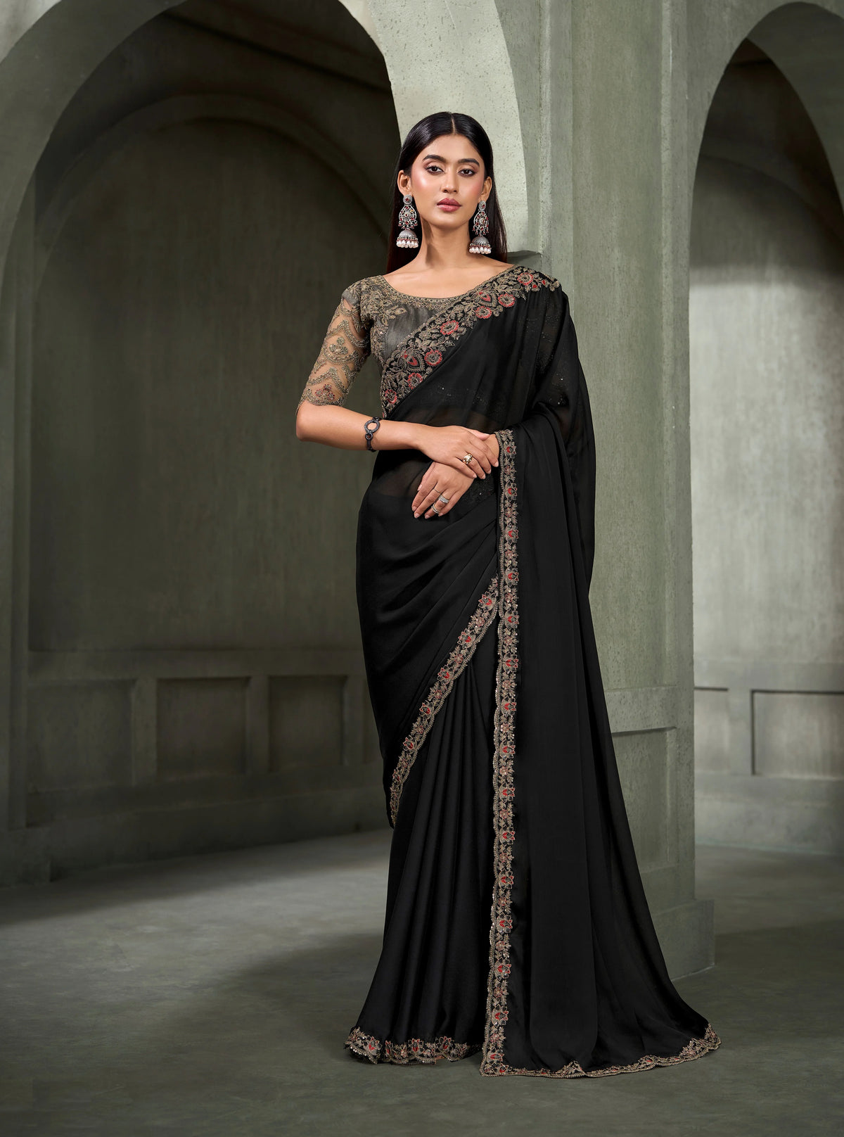 Chiffon Party Wear Black With Heavy Work Sarees