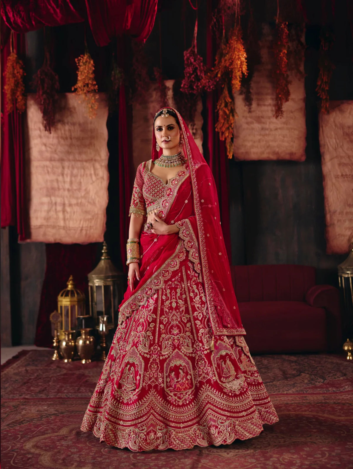 Premium Silk Bridal Wear Red Designer Work Lehengas