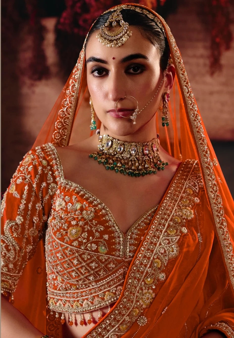 Premium Silk Bridal Wear Orange Designer Work Lehengas