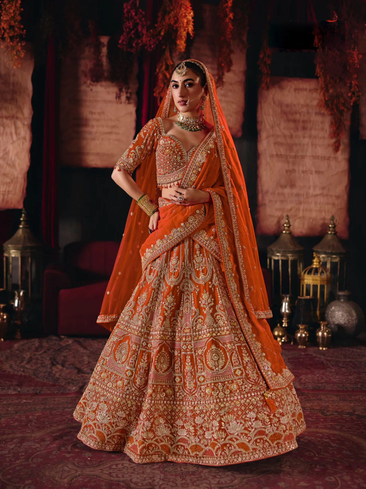 Premium Silk Bridal Wear Orange Designer Work Lehengas