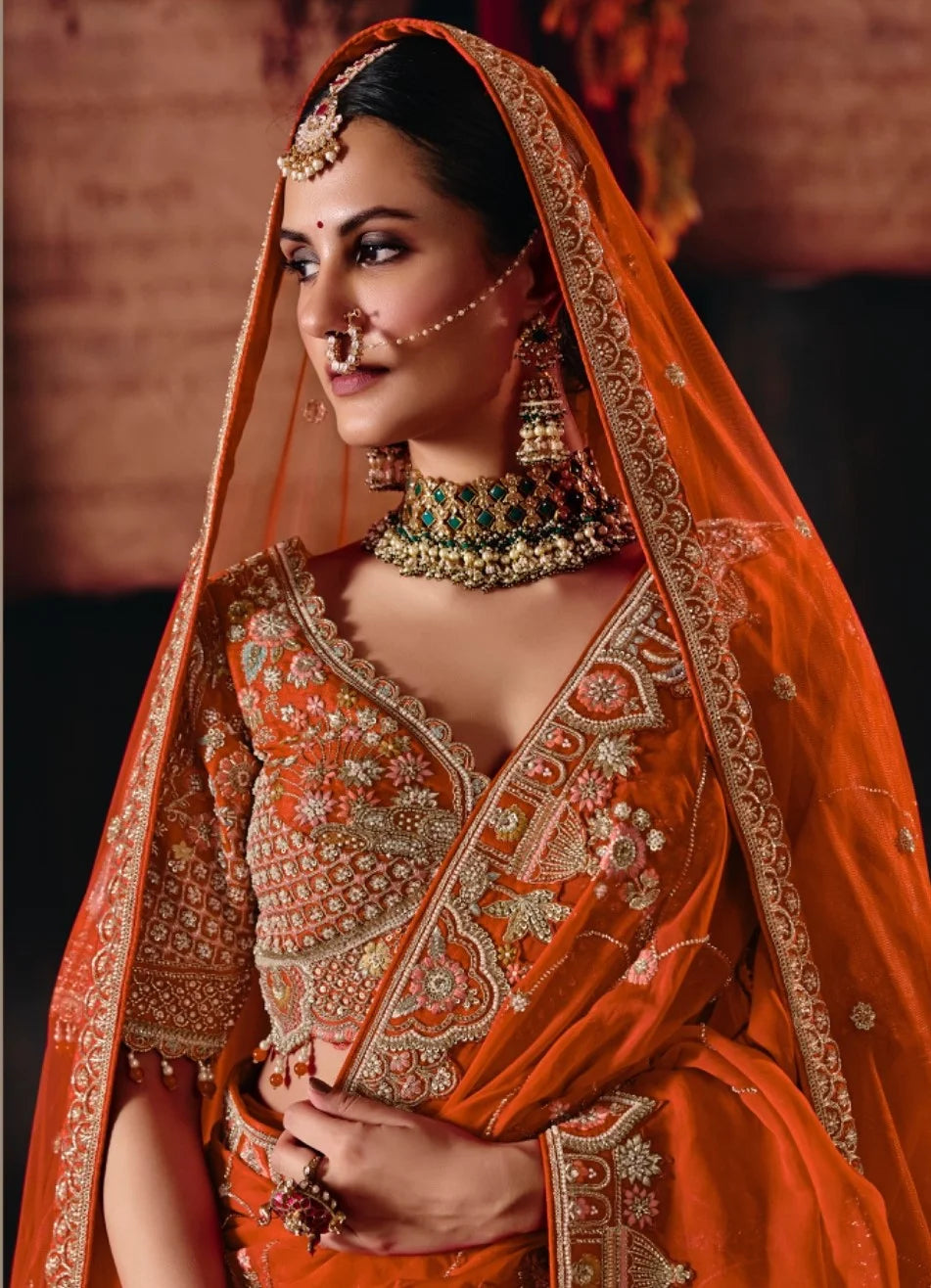 Premium Silk Bridal Wear Orange Bead Work Lehengas