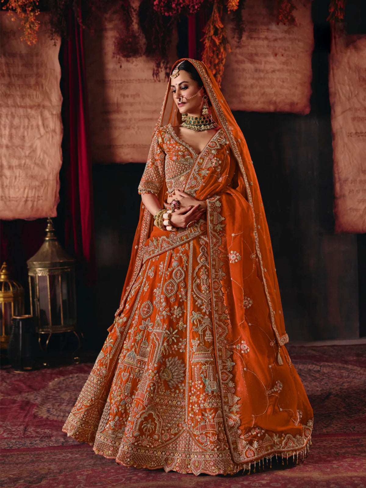 Premium Silk Bridal Wear Orange Bead Work Lehengas