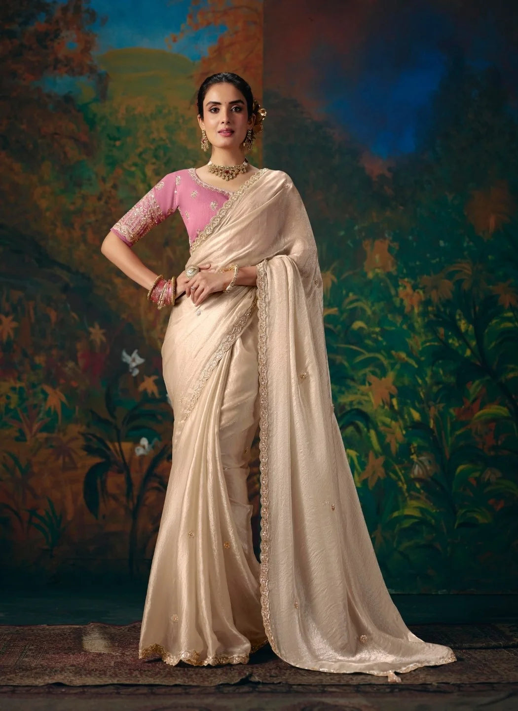 Satin Silk Beige Reception Wear Embroidery Work Sarees