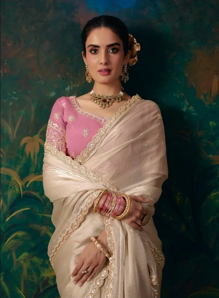 Satin Silk Beige Reception Wear Embroidery Work Sarees