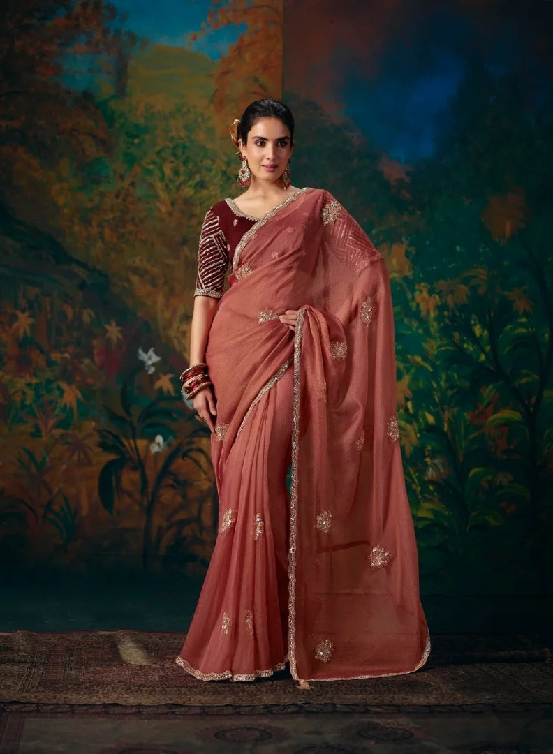 Bemberg Silk Rust Orange Reception Wear Embroidery Work Sarees