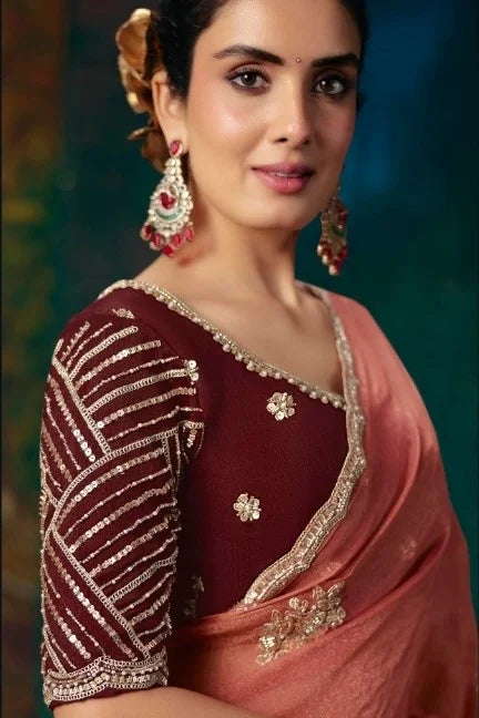 Bemberg Silk Rust Orange Reception Wear Embroidery Work Sarees