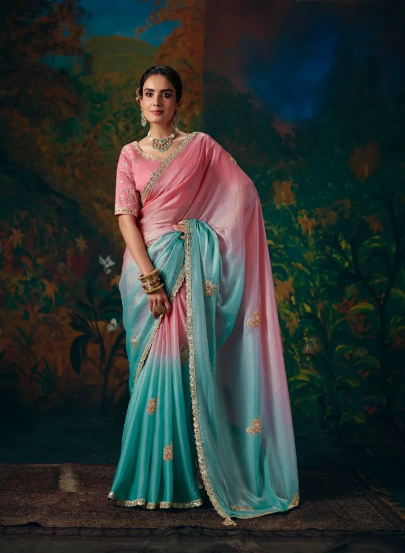 Satin Silk Multicolor Reception Wear Embroidery Work Sarees