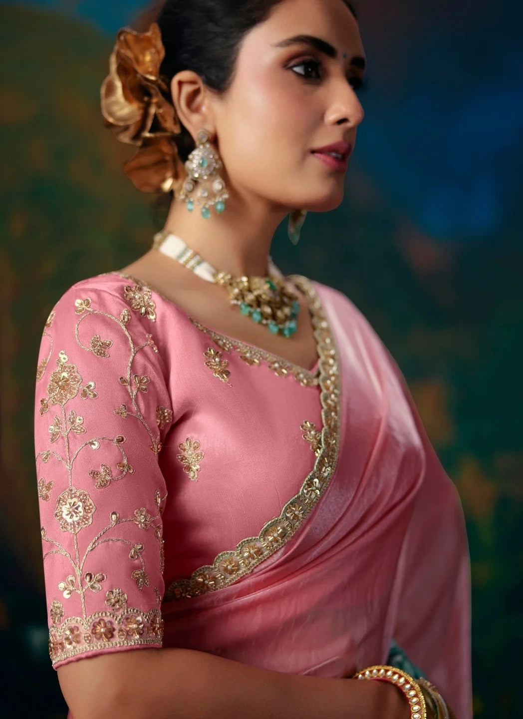 Satin Silk Multicolor Reception Wear Embroidery Work Sarees