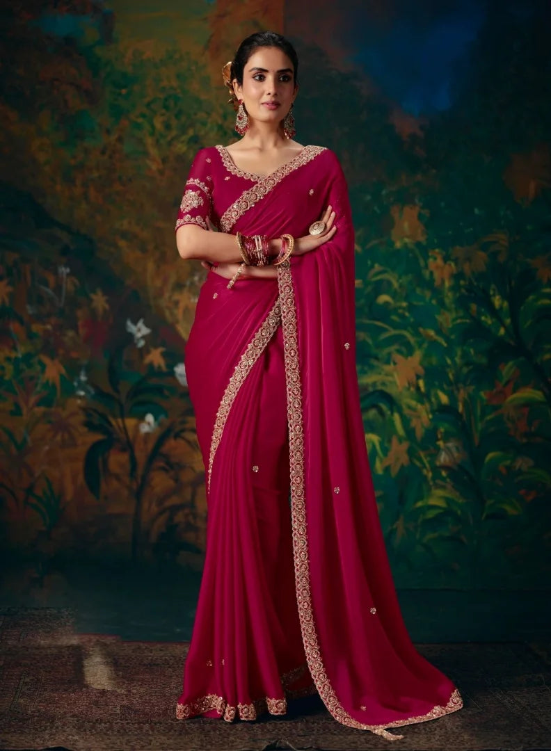 Chiffon Satin Silk Red Reception Wear Embroidery Work Sarees