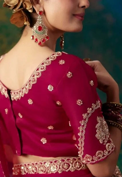 Chiffon Satin Silk Red Reception Wear Embroidery Work Sarees