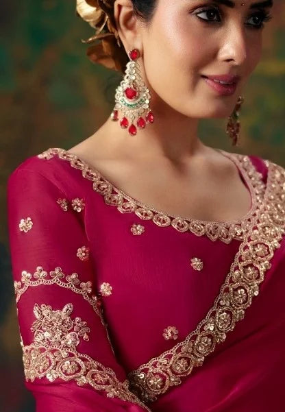 Chiffon Satin Silk Red Reception Wear Embroidery Work Sarees