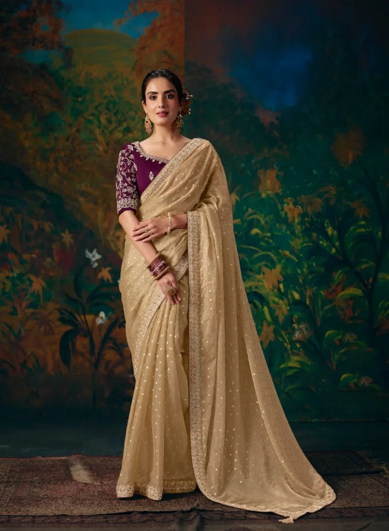 Bemberg Silk Beige Reception Wear Embroidery Work Sarees