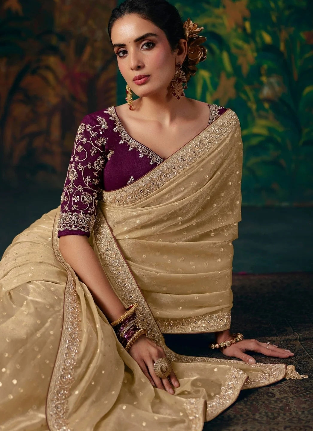 Bemberg Silk Beige Reception Wear Embroidery Work Sarees