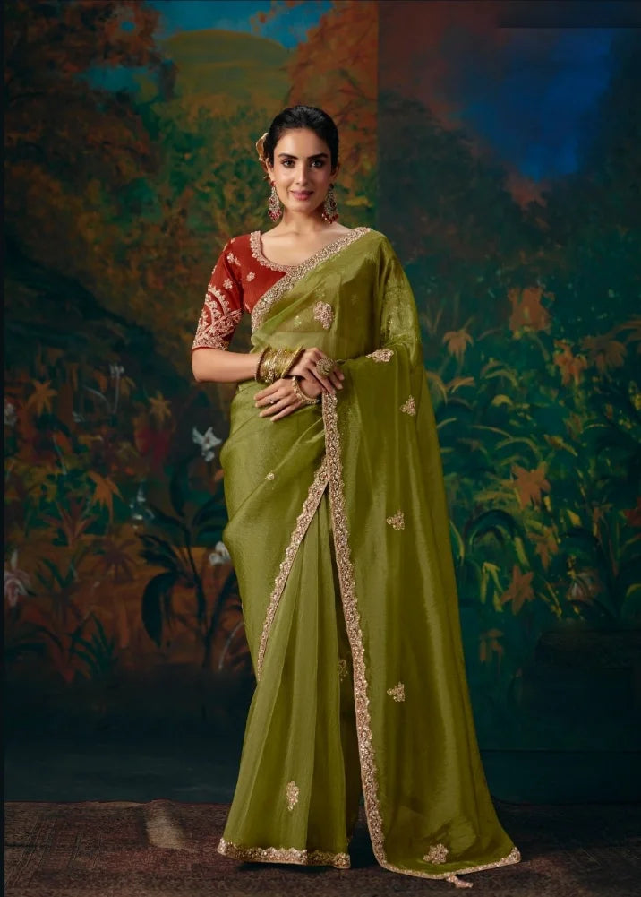 Organza Silk Green Reception Wear Embroidery Work Sarees