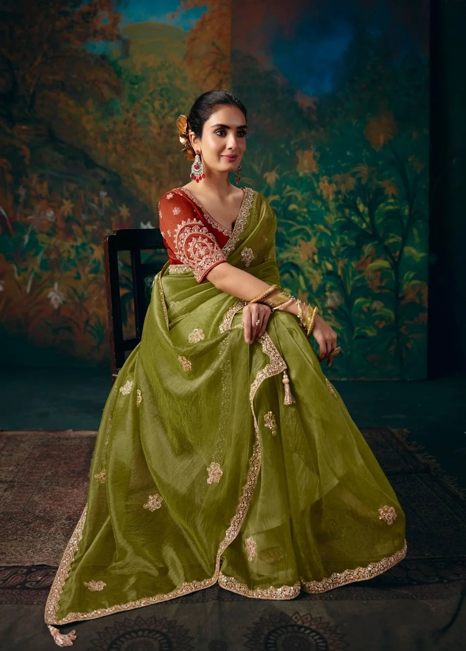 Organza Silk Green Reception Wear Embroidery Work Sarees