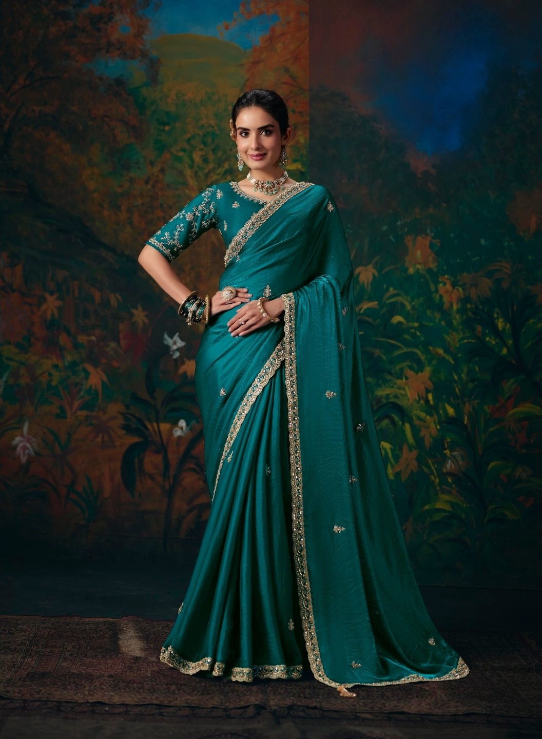Satin Silk Blue Reception Wear Embroidery Work Sarees