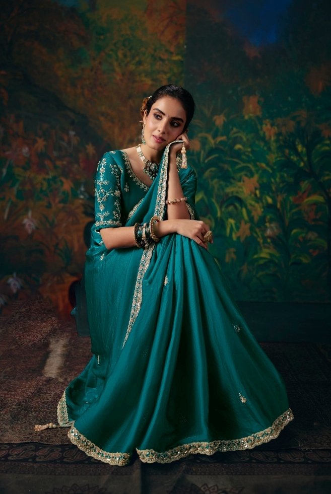 Satin Silk Blue Reception Wear Embroidery Work Sarees