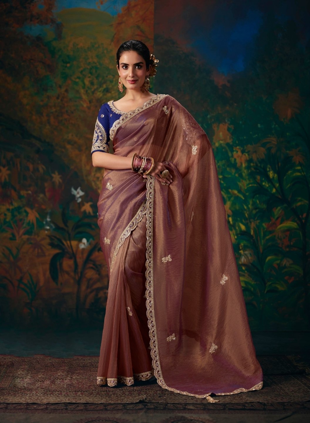 Organza  Silk Dusty Pink Reception Wear Embroidery Work Sarees