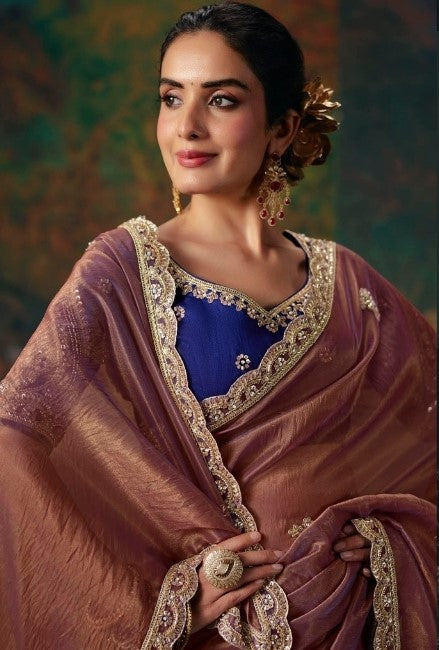 Organza  Silk Dusty Pink Reception Wear Embroidery Work Sarees