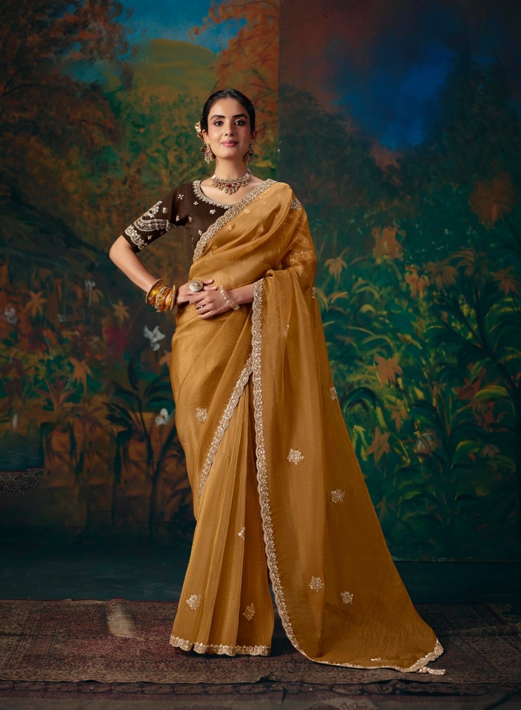 Organza Silk Mustard Reception Wear Embroidery Work Sarees