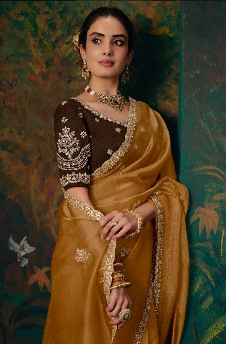Organza Silk Mustard Reception Wear Embroidery Work Sarees