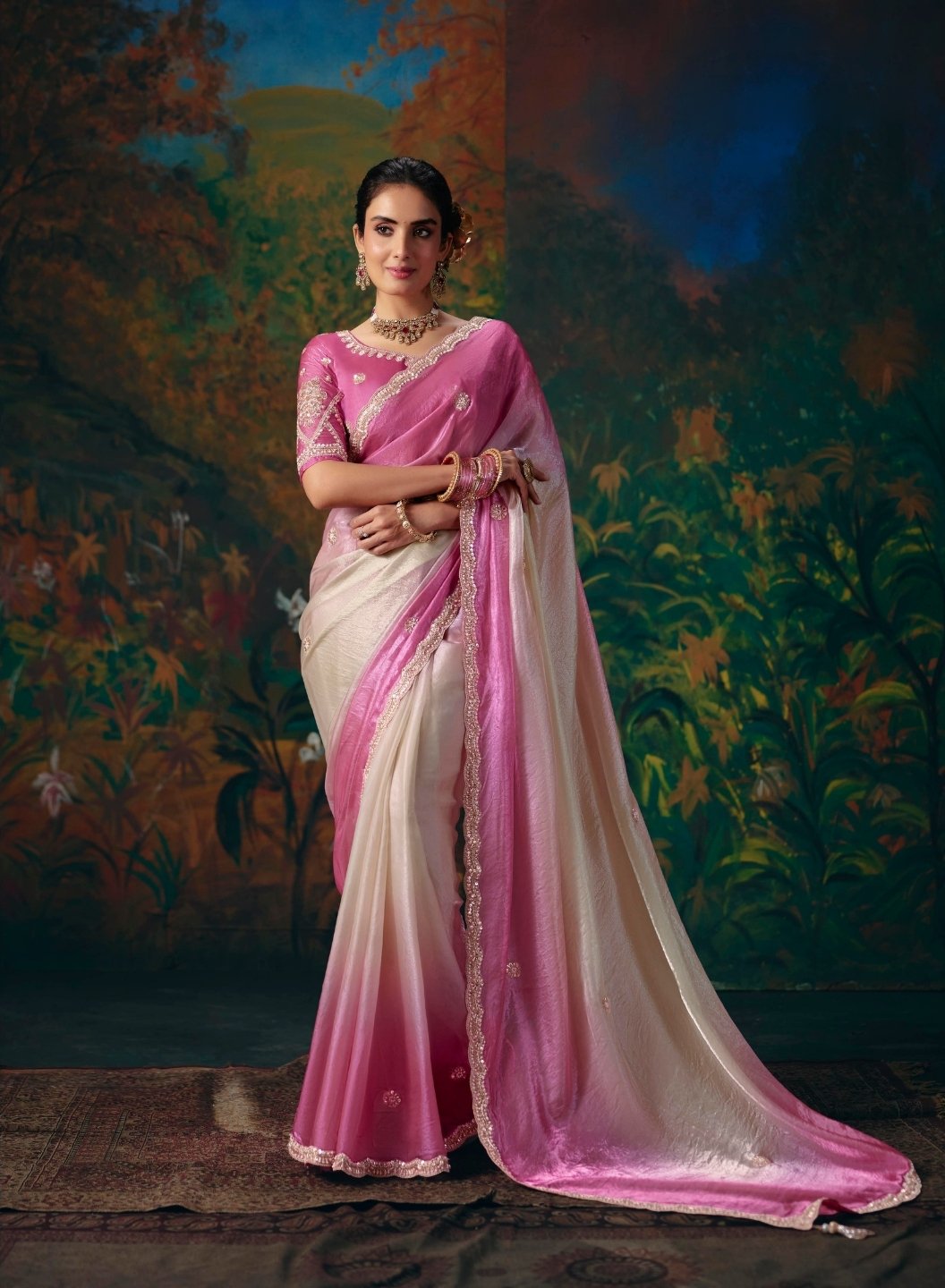 Satin Silk Pink Party Wear Embroidery Work Sarees