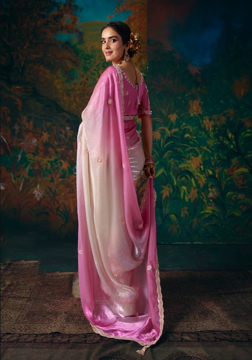 Satin Silk Pink Party Wear Embroidery Work Sarees