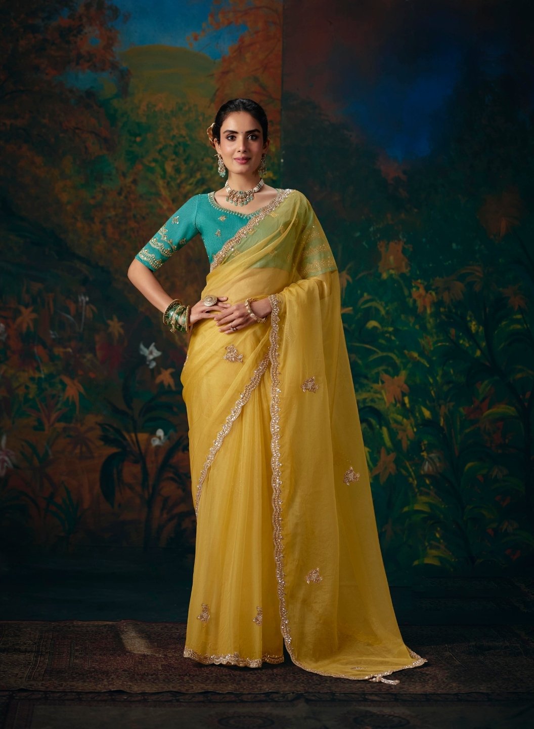 Organza Silk Lemon Yellow Party Wear Embroidery Work Sarees