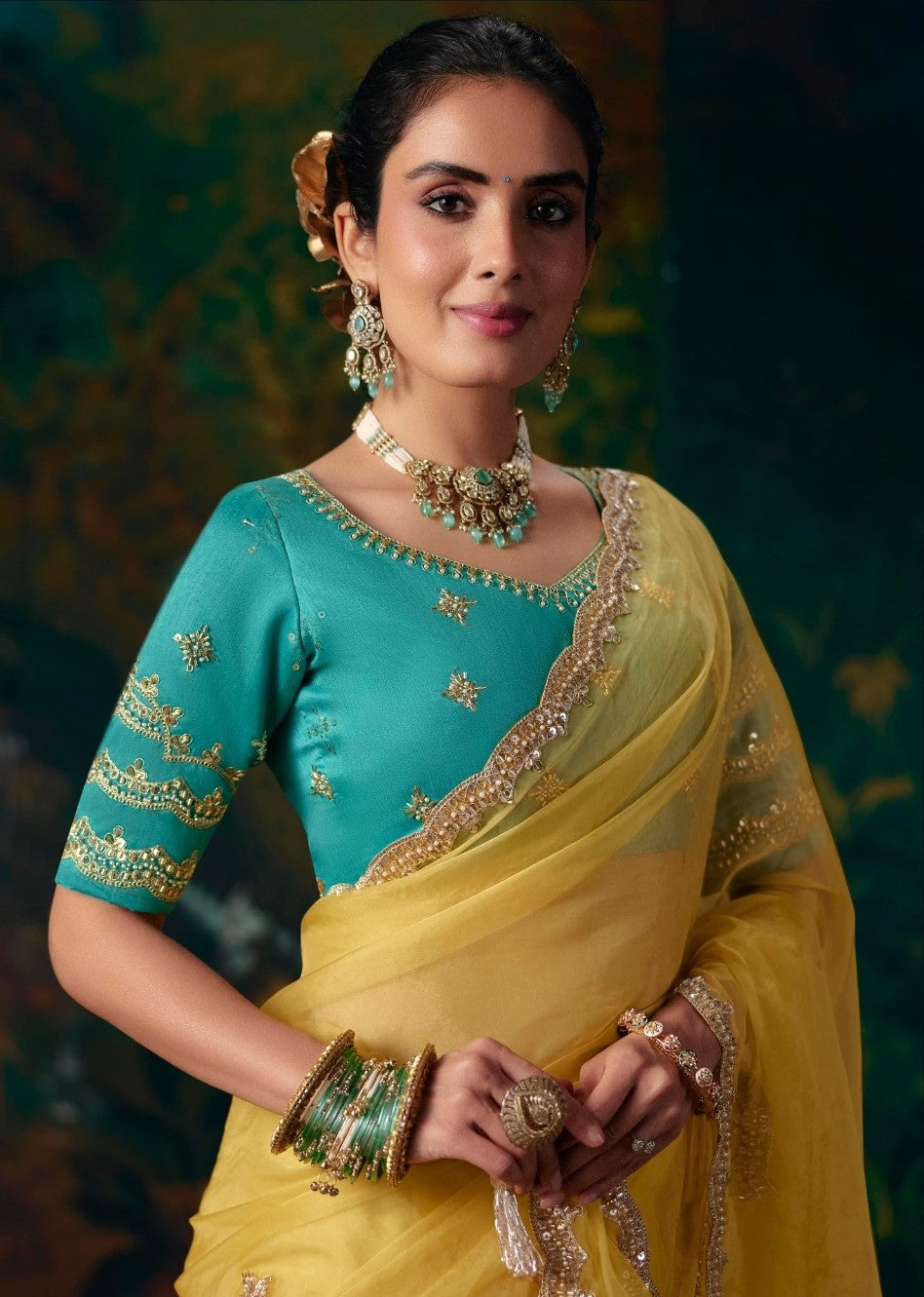 Organza Silk Lemon Yellow Party Wear Embroidery Work Sarees