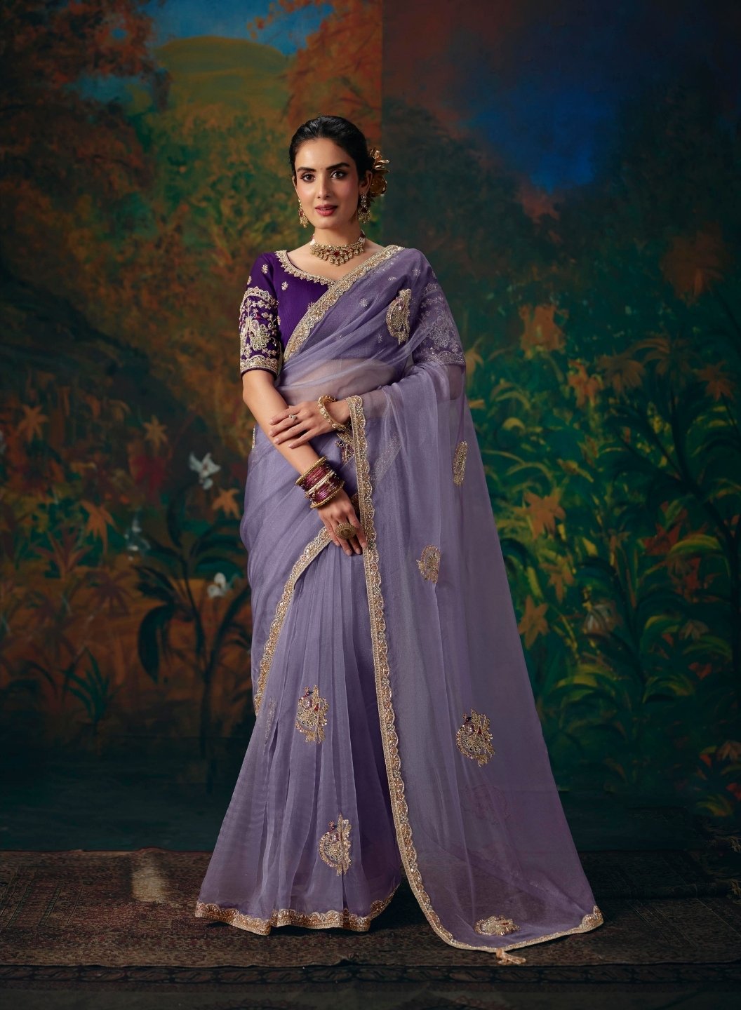 Bemberg Silk Purple Party Wear Embroidery Work Sarees