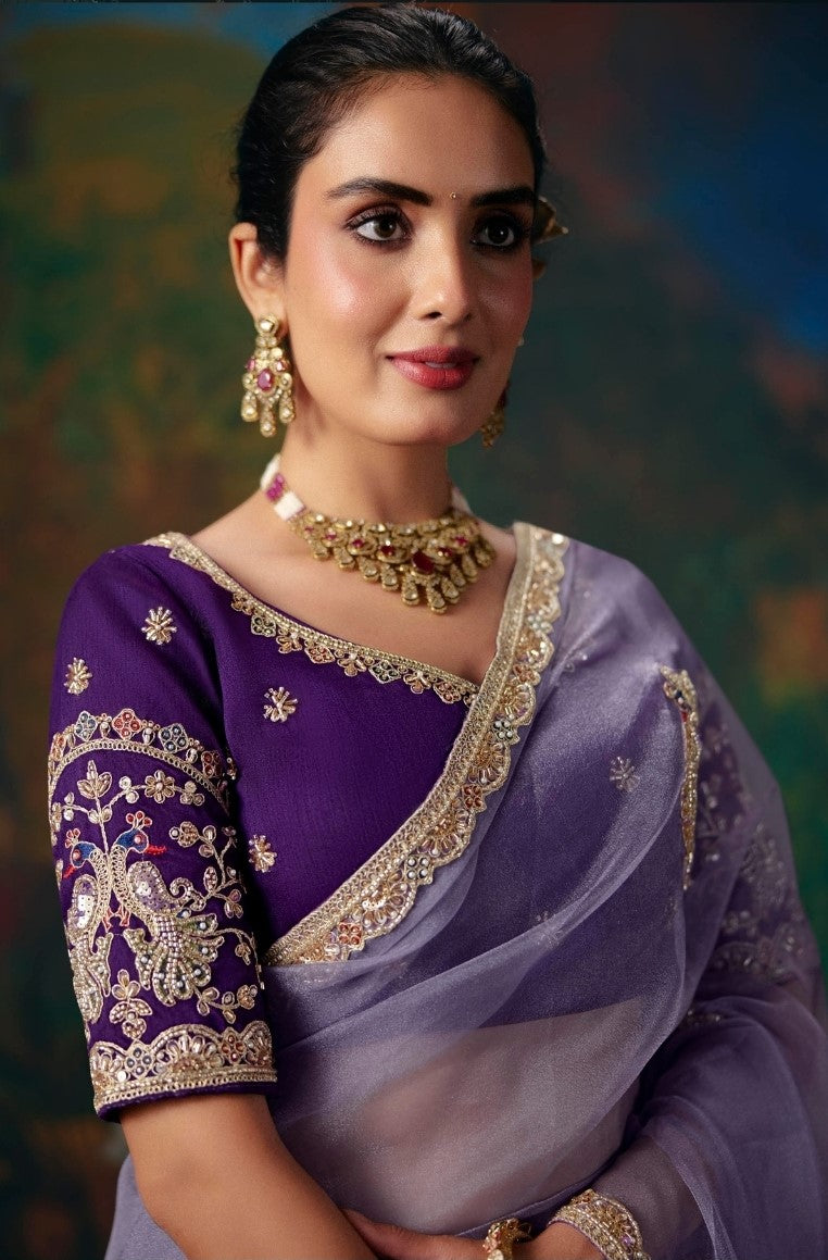 Bemberg Silk Purple Party Wear Embroidery Work Sarees